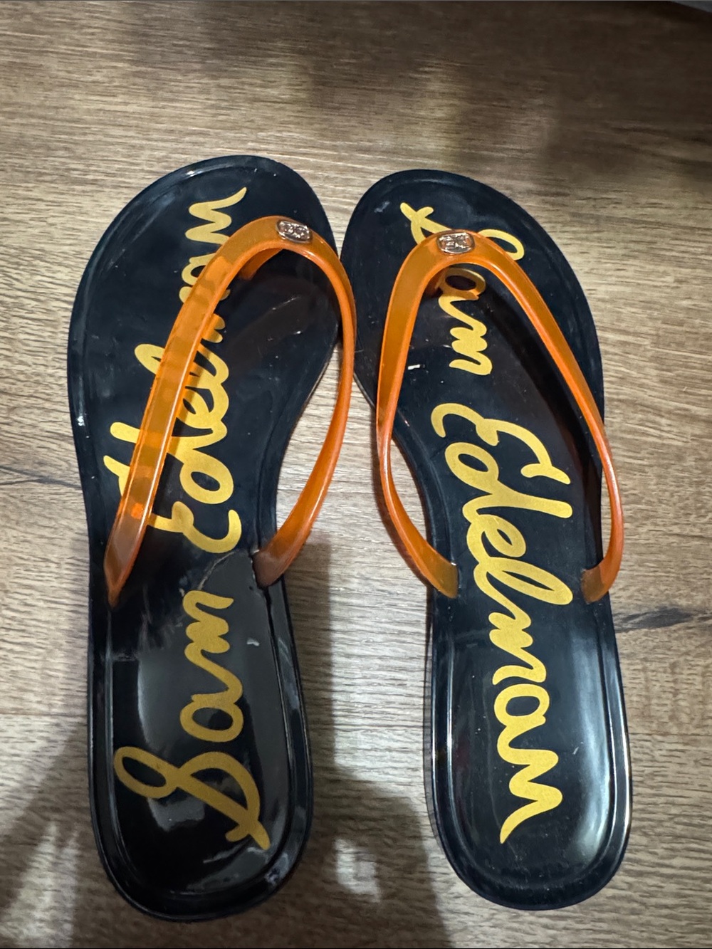 Sam Edelman Black Flip Flops with Orange Translucent Straps